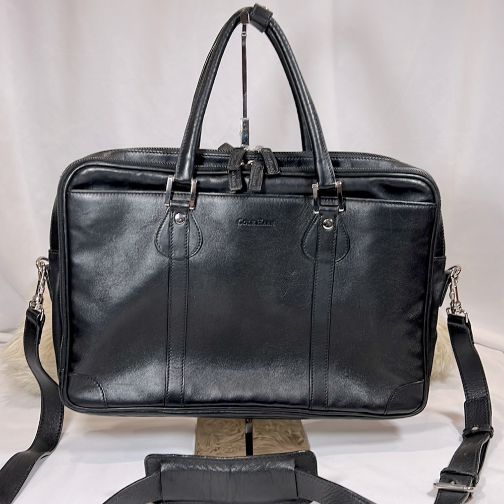 Cole Haan Black Leather Multi-Compartment Briefcase with Strap